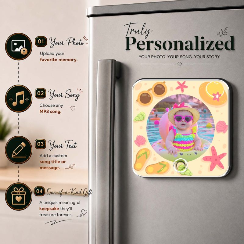 Personalized Beach Theme Baby Photo Musical Fridge Magnet for Boys & Girl  Photo Magnet Gift for Kids, Family, Baby Shower, Birthday, Home Kitchen Decor  Return Gift